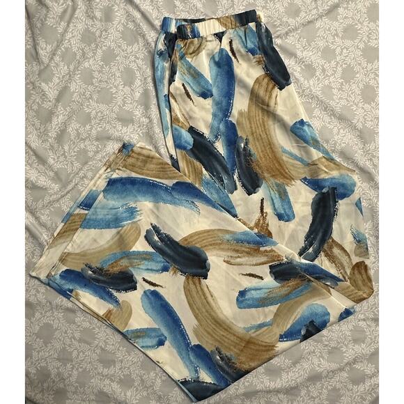 12th Tribe Perla Blue Watercolor Satin Wide Leg Pants Elastic Waist Sz M NWT - Picture 13 of 14